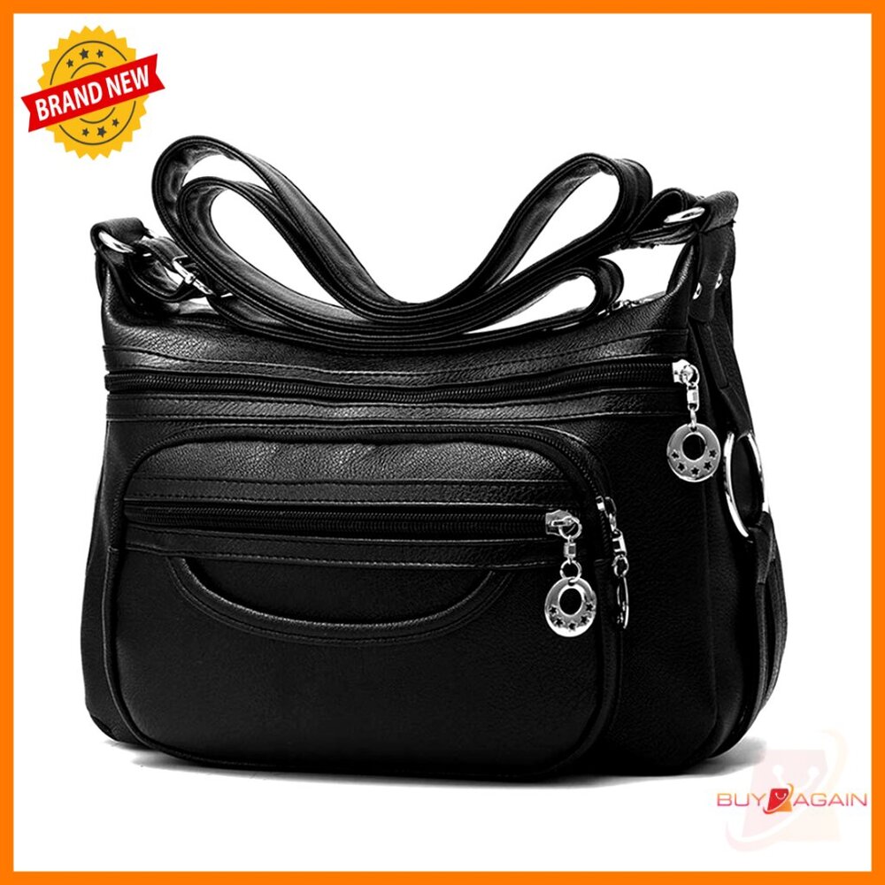Medium Vegan Leather Crossbody Bag Adjustable Strap Multi-Pocket Satchel